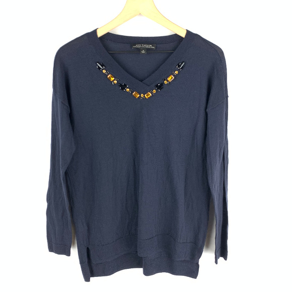 Ann Taylor Navy Blue Jeweled Long Sleeve Tee Sz M - Picture 1 of 8